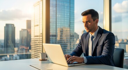 A handsome male professional is diligently working on his laptop computer at a sophisticated office desk, completing tasks.