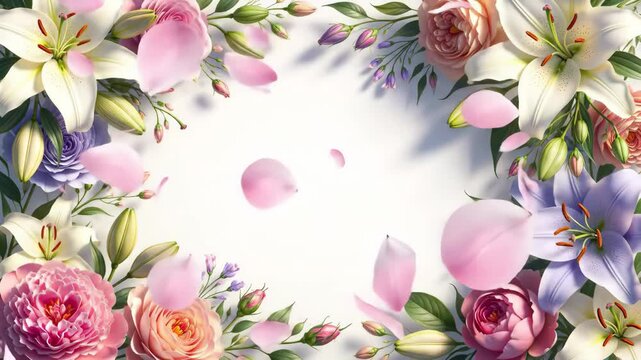 Blossoming pastel floral border with gentle breezes, falling petals, and sunlit spring ambiance