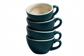 Dark teal coffee cups precariously stacked, topmost cup bearing coffee stains, positioned against transparent backdrop