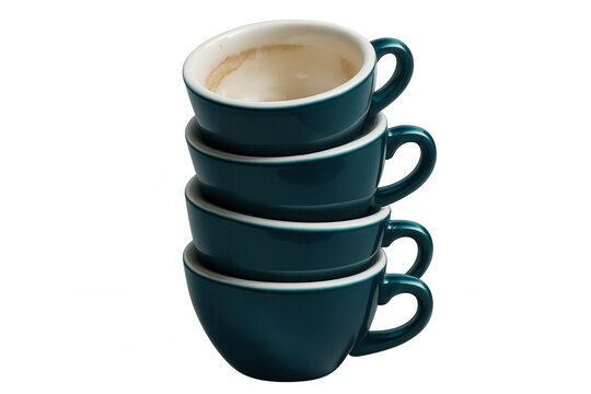 Dark teal coffee cups precariously stacked, topmost cup bearing coffee stains, positioned against transparent backdrop