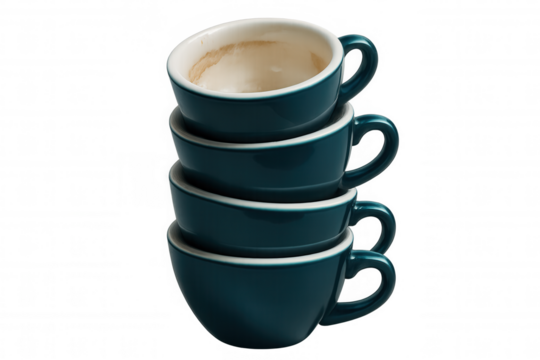 Dark teal coffee cups precariously stacked, topmost cup bearing coffee stains, positioned against transparent backdrop