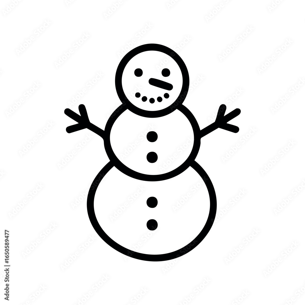 Poster simple outline drawing of a happy snowman with stick arms and buttons