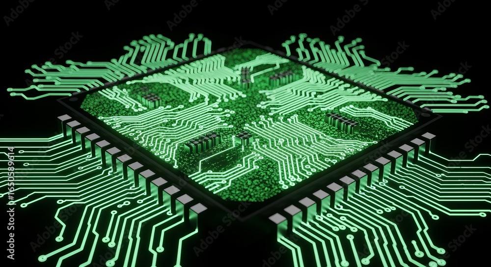 Poster a bright green luminous microchip integrated circuit symbolizing advanced technological innovation, 
