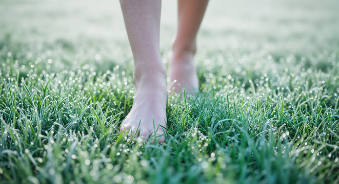 Bare feet walking on dewy grass in a serene outdoor setting   - Powered by Adobe