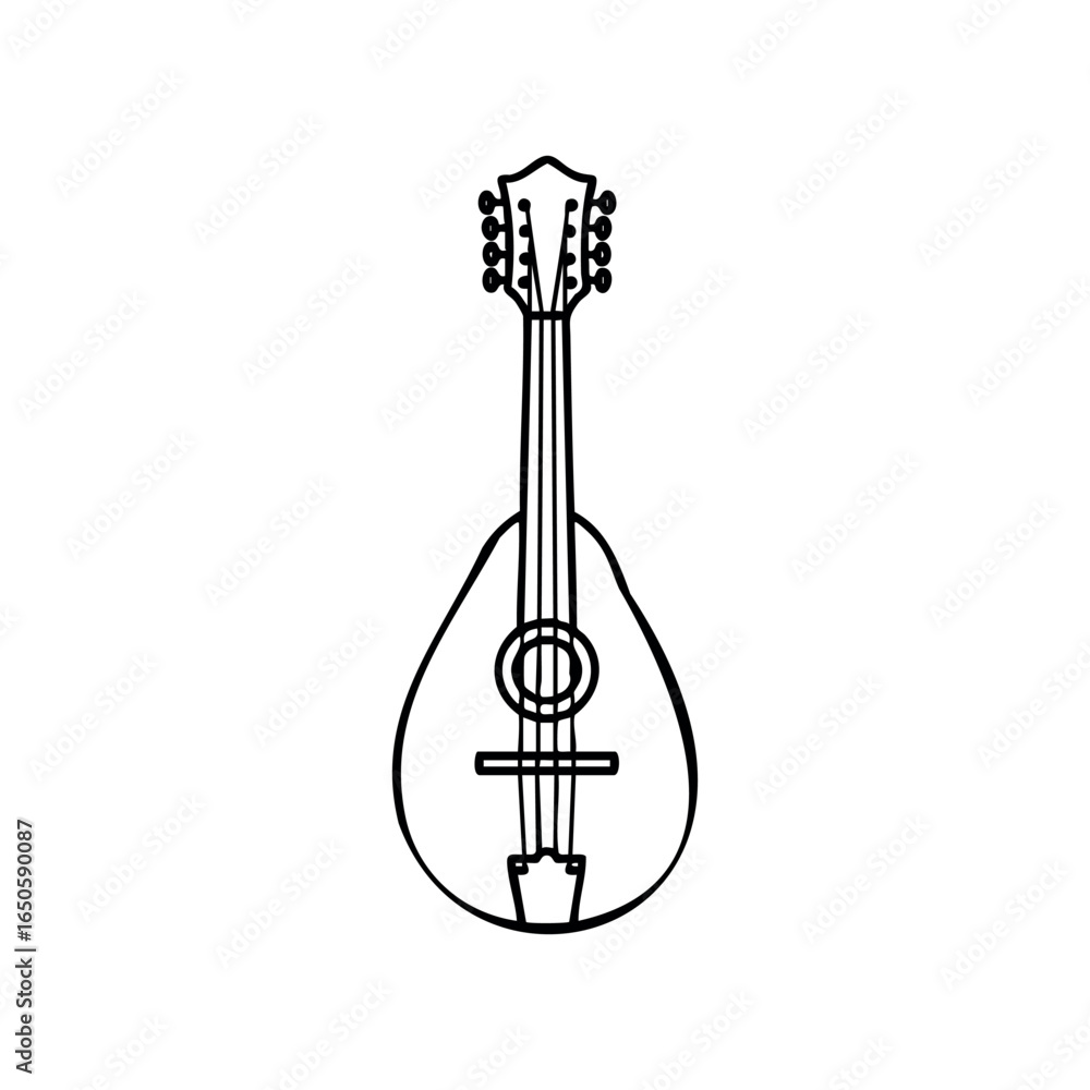 Poster black and white outline of a classic mandolin with strings and tuning pegs