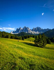 Obraz premium Rolling green meadow under a vibrant blue sky, majestic mountains in the background