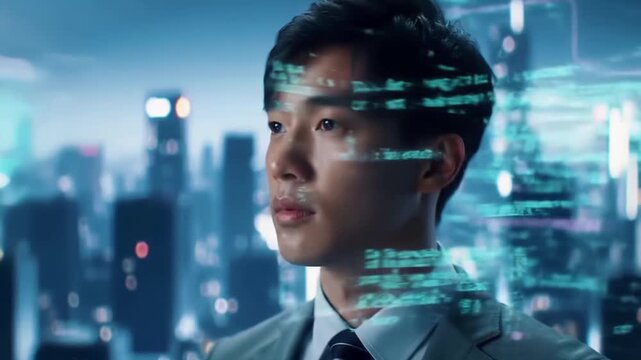 Cinematic portrait of a focused asian businessman with a futuristic digital interface overlay against a night city background
 - Powered by Adobe