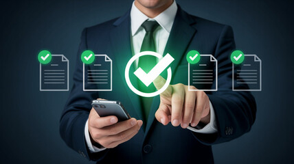 Businessman confirming tasks on smartphone with digital checkmarks mobile phone