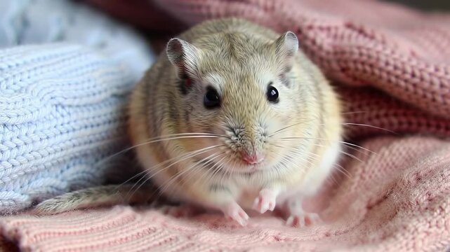 Adorable fluffy gerbil sits on a knitted sweater looking at the camera in a seamless cinemagraph
