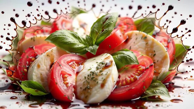Hyper-realistic cinemagraph of a fresh caprese salad with tomato, mozzarella, and basil, featuring a dynamic balsamic vinegar splash
