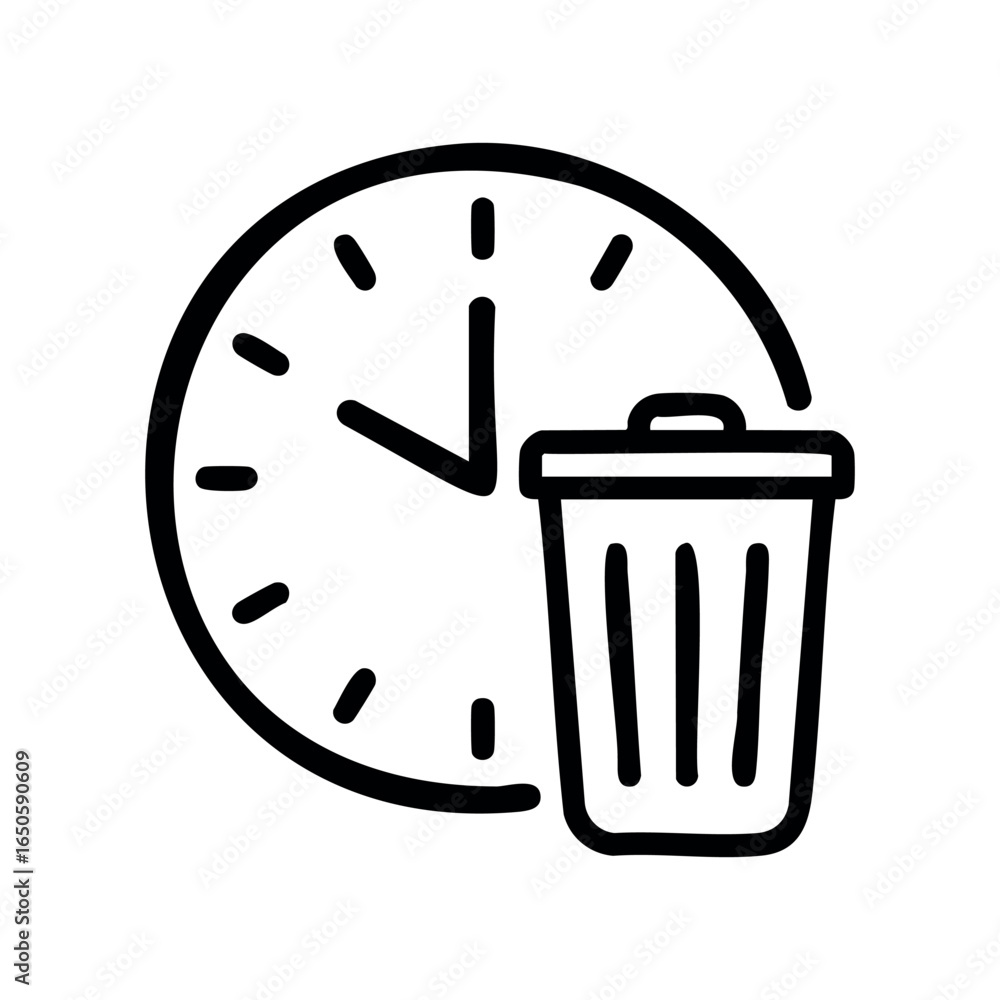 Poster time management and waste reduction concept with clock and trash can icon