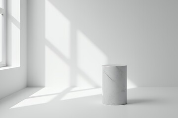 Minimalist White Marble Cylinder on White Background with Window Light