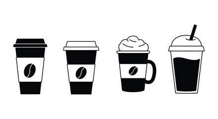 Four black and white coffee cups with different styles and toppings