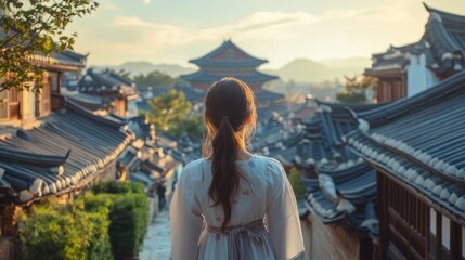 Back view of korean asian woman in traditional korean dress or hanbok dress walking in old palace in night with full moon, Seoul city, South Korea,copy space.