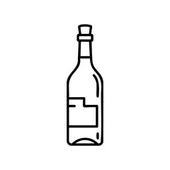 Simple black line drawing of a wine bottle with cork and label