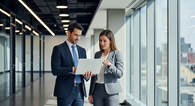 Two business professionals standing in an office corridor are looking closely at a laptop computer screen, discussing data.