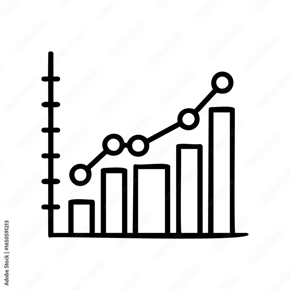 Aufkleber line graph with bar chart showing rising data trends in black and white design