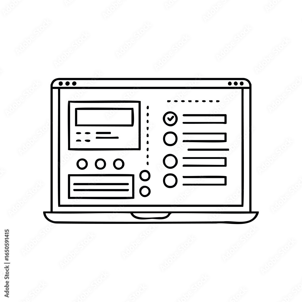 Aufkleber black and white illustration of a laptop displaying a user interface with checkboxes and buttons