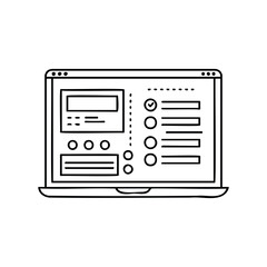 Fototapeta premium Black and white illustration of a laptop displaying a user interface with checkboxes and buttons