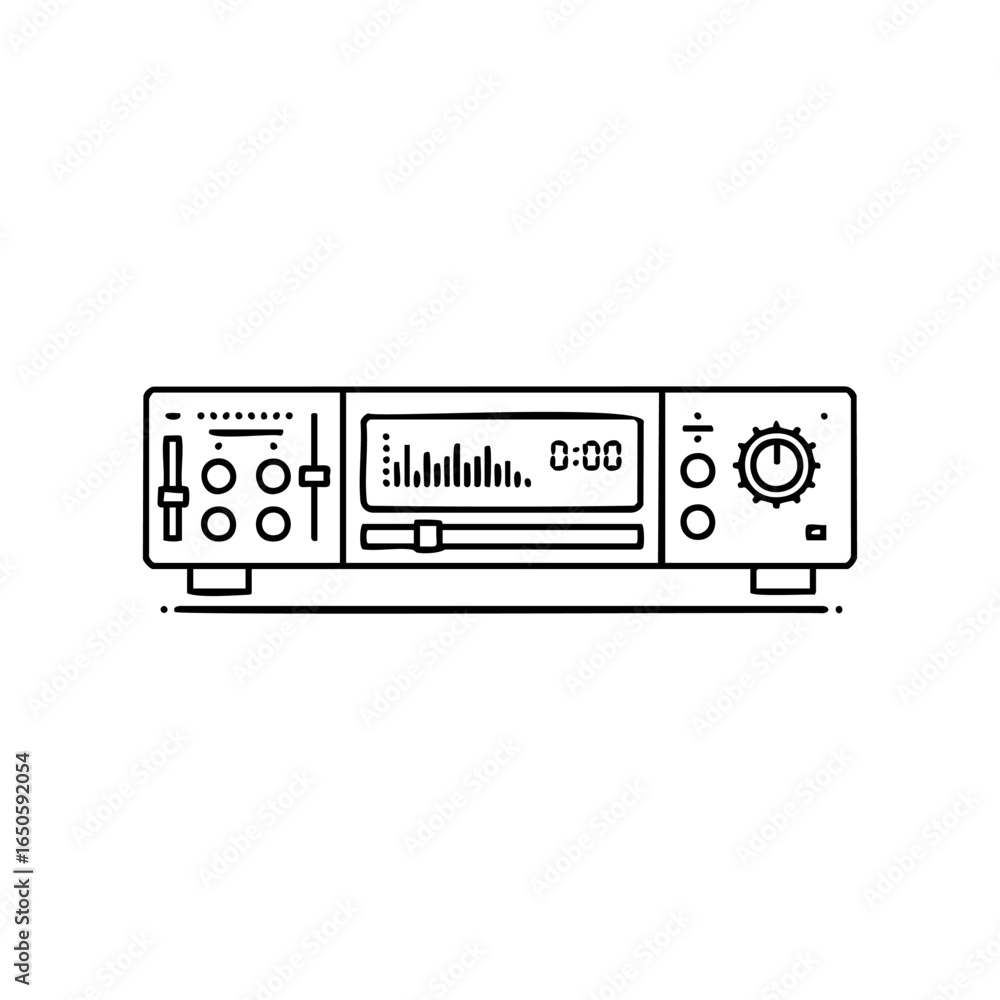 Poster minimalistic line drawing of audio equipment with control panel and display