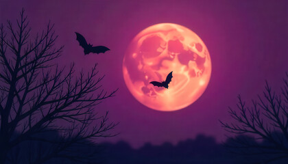 Spooky Halloween Night with Bats and a Full Moon in the Purple Sky
