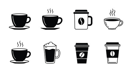 Coffee Cup and Mug Icons Collection in Black and White Style