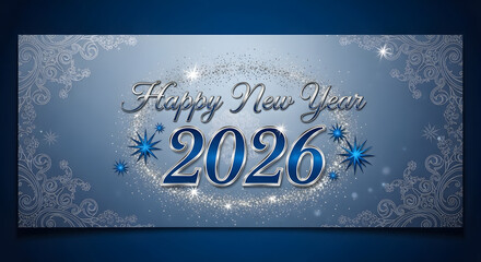 Happy New Year 2026 Silver Text with Festive Blue and Silver Accents.