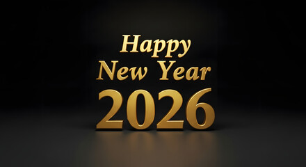 Happy New Year 2026 Gold Text on a Black Background.