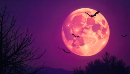 Fototapeta premium Spooky Halloween Moon with Bats Flying Through the Dark Night Sky