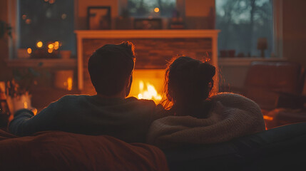Couple relaxing by fireplace at home romantic evening cozy winter night in front of fire love and warmth