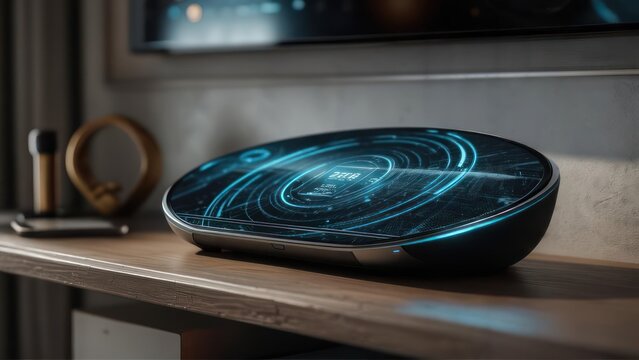 Advanced Smart Home Hub with a Glowing Blue Holographic User Interface