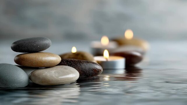 Smooth stones stacked on water surface with lit candles in the background. The scene evokes a sense of relaxation and tranquility, ideal for spa and meditation themes