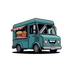 Food truck serves burgers and fries with a cheerful design in a busy urban setting during lunchtime