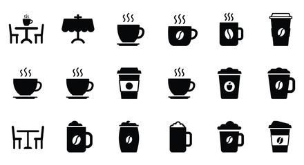 Collection of Coffee Icons Representing Various Types of Beverages and Locations