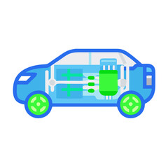 A translucent blue outline of an electric car reveals green internal components the battery pack and electric motor emphasizing the core technology electric ... See More
