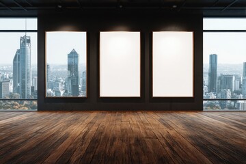 Obraz premium Modern gallery space with city view and blank canvases