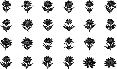 Fototapeta premium Black Floral Silhouette Vector Icons Set – Decorative Botanical Flower Clipart Bundle for Logos, Patterns, Invitations, and Digital Art