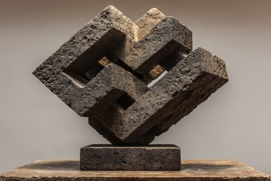 Dark gray stone sculpture, interlocking blocks, abstract form, sits on a pedestal