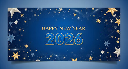 Happy New Year 2026 with Gold and Silver Stars on a Blue Festive Background.