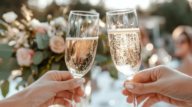 Hands clinking champagne glasses in celebration at outdoor wedding  