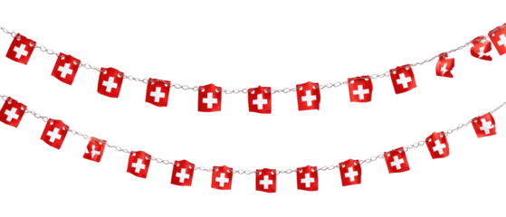 Chain of Decorative Swiss Flags Front View Transparent Background