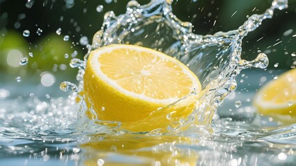 Fresh lemon slice splashing into water vibrant refreshing 