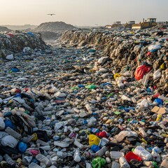 Huge piles of mixed garbage and plastic waste in landfill