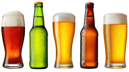 Exquisite Beers on Display: A refreshing arrangement of diverse beer varieties, showcasing rich colors, foamy textures, and distinct bottles that embody the essence of refreshment.
