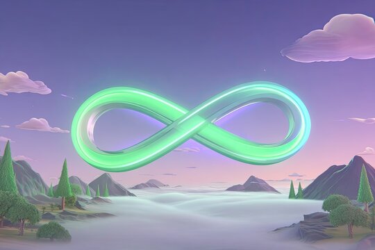Floating infinity symbol in pastel landscape