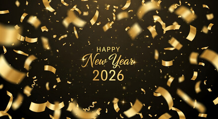 Happy New Year 2026 Golden Confetti and Text on a Dark Background.