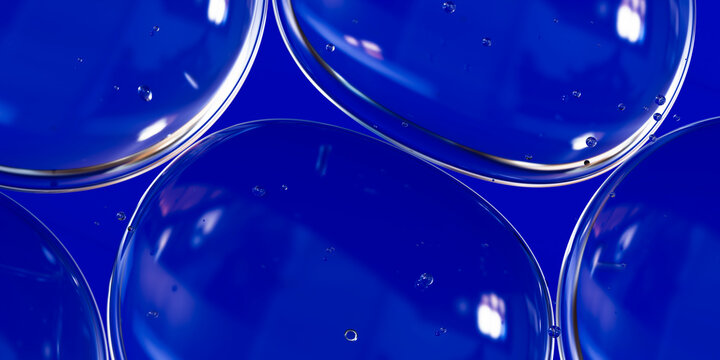 3D transparent glass bubbles floating against bright blue background