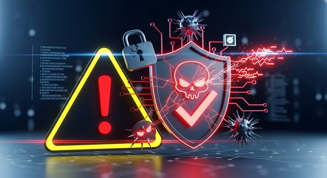 Cyber security threat with warning sign padlock shield virus and skull on a dark digital background