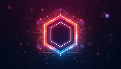 A vibrant, geometric hexagon design, outlined in vibrant neon hues of red, blue, and pink, against a dark backdrop, showcasing intricate, interconnected lines and particles.