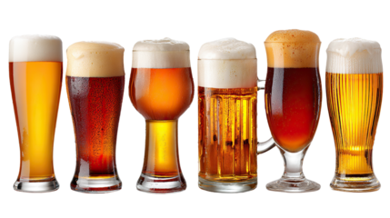 A Symphony of Brews: An inviting collection of six meticulously crafted beer glasses, each overflowing with frothy heads and vibrant amber hues.